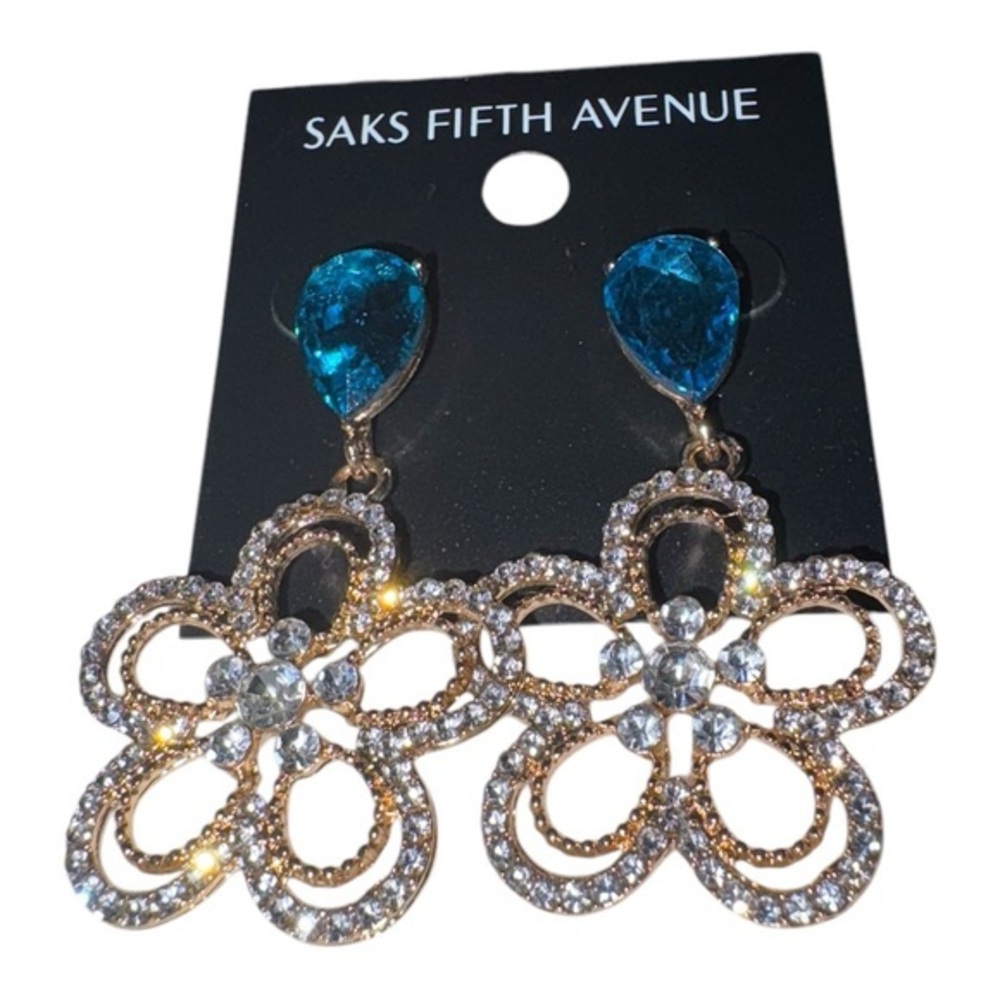 3/$40 Saks Fifth Avenue Blue and Crystal Flower Dangle Earrings